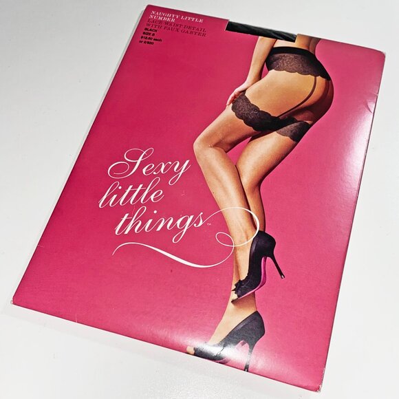 2 NEW VICTORIAS SECRET PANTYHOSE 1 BLK FAUX GARTER & 1 NUDE/BLK FAUX THIGH HIGH - Picture 3 of 9